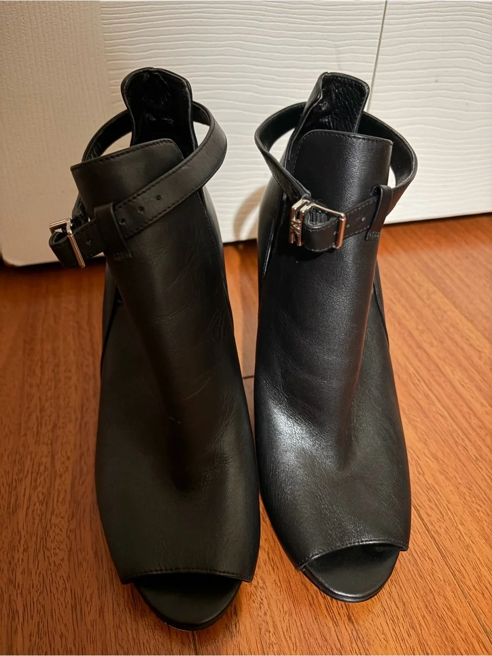 Michael Kors Black Lawson Peep-Toe Ankle Booties with Buckle Strap